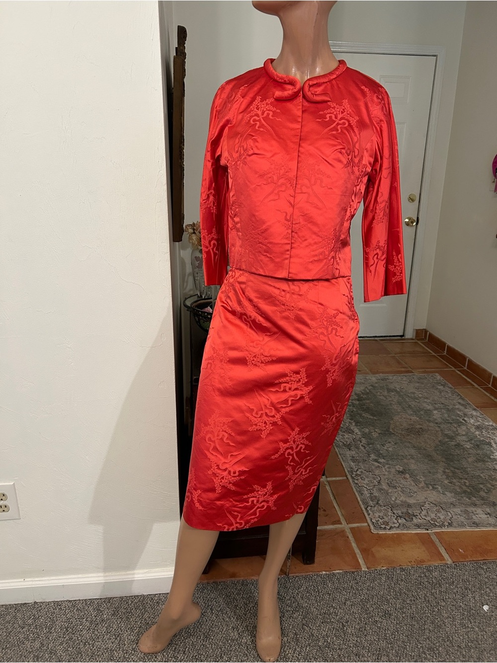 Red Silk Embroidered Two-Piece   Vintage Jacket and Skirt Set.